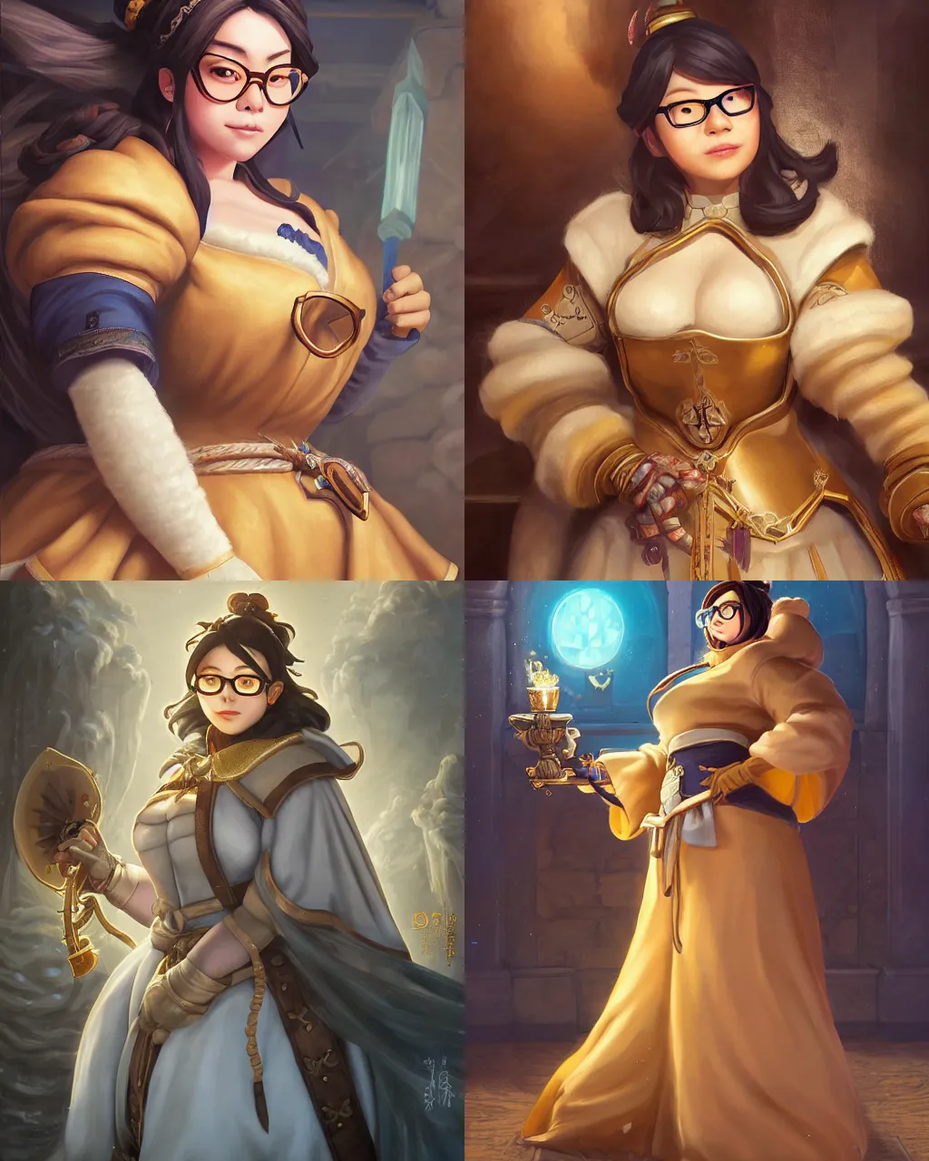 Prompt: detailed painting of mei from overwatch as an elegant medieval noblewoman, jeff easley and dan mumford beautiful soft silky dress, intricate, soft lighting, hyper realistic, mood light, golden hour, glasses |