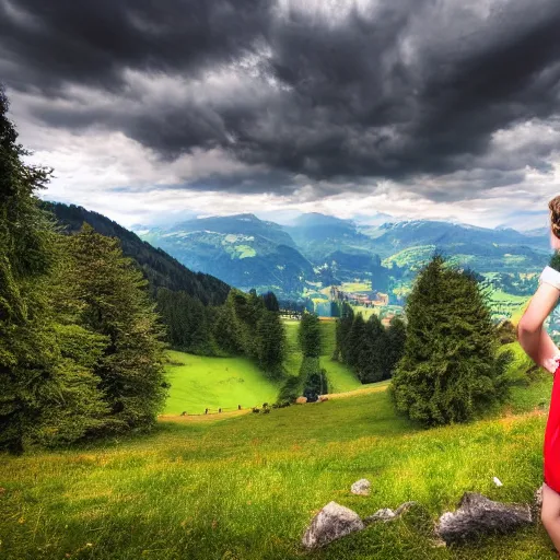 Prompt: a beautiful photograph of a girl with switzerland landscape in the background with trees, hdr, 8 k, high quality, sharp focus, artstation, highly detailed, award - winning, dramatic lighting, beautiful clouds, and nature