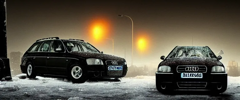 Image similar to Audi A4 B6 Avant (2002), a gritty neo-noir, dramatic lighting, cinematic, eerie person, death, homicide, homicide in the snow, viscera splattered, gunshots, bullet holes, establishing shot, extremely high detail, cracked windows, photorealistic, arson, cinematic lighting, artstation, by simon stalenhag, Max Payne (PC) (2001) winter New York at night, In the style of Max Payne 1 graphic novel, flashing lights, Poets of the Fall - Late Goodbye