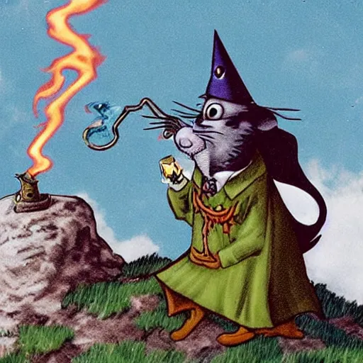 Image similar to a wizard rat smokes a pipe atop a mountain, 1930 photograph, colorized, full body, fancy clothes, magical particles