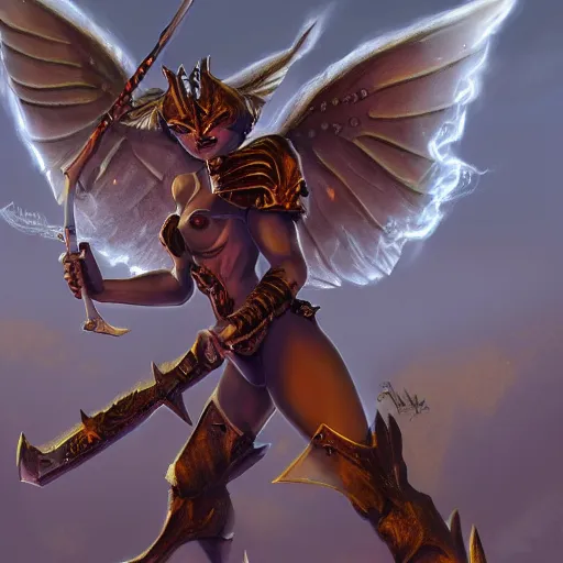 Prompt: disney's gargoyles female!! winged warrior! flaming sword! devilish smile!! ( ( plate armor ) ) ( ( ( shield ) ) ), fantasy painting, concept art, 4 k