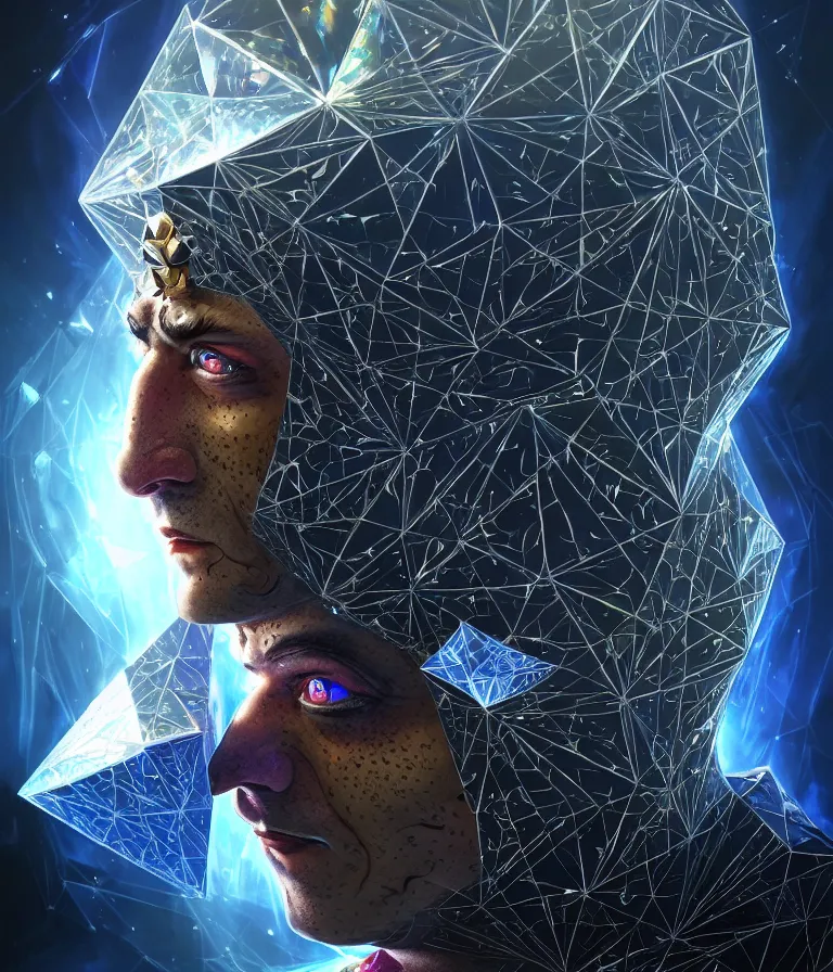 Image similar to front!!! shot of a court jester!!! character, mesmerizing fractal hypercubes, platinum cracked, dark holography!!!, future, metallic galactic, crystalline edges, polygonal, elegant, highly detailed, centered, (((artstation, concept art, jagged, sharp focus, artgerm, Tomasz Alen Kopera, Peter Mohrbacher, donato giancola, Joseph Christian Leyendecker, WLOP, Boris Vallejo))), ((raytracing)), mugshot!!!!!, ugly!!!!!!, octane render, nvidia raytracing demo, octane render, nvidia raytracing demo, octane render, nvidia raytracing demo, 8K, cinematic, masterpiece, fine portrait