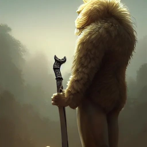 Prompt: commission of a male anthropomorphic albino lion holding a sword,digital art,art by greg rutkowski,trevor henderson,ross tran,photorealistic,hyperdetailes,highly realistic,natural lighting,deviantart,artstation,dramatic,cinematic,4k,western comic style