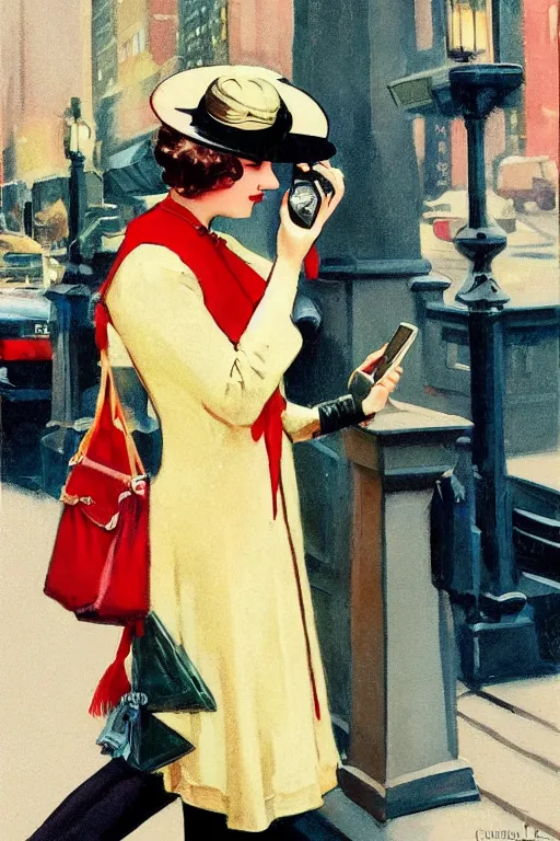 Image similar to high quality illustration of a pretty woman talking on her iphone while walking in the streets of New York in style of 1920s full color illustration by J.C. Leyendecker, colorful color palette