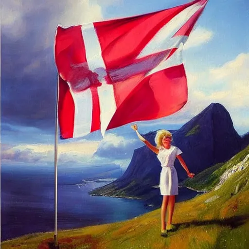 Image similar to 1950s blonde standing on top of Norwegian fjord, norway flag and sky blended, atmospheric, dreamy, painting by Vladimir Volegov