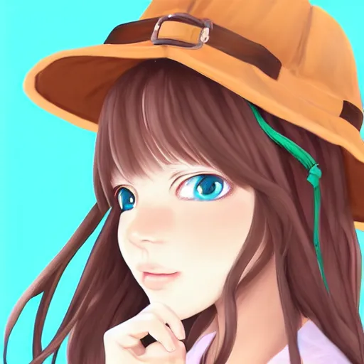 Image similar to portrait of cute anime girl with long brown hair with a frog bucket hat, digital art