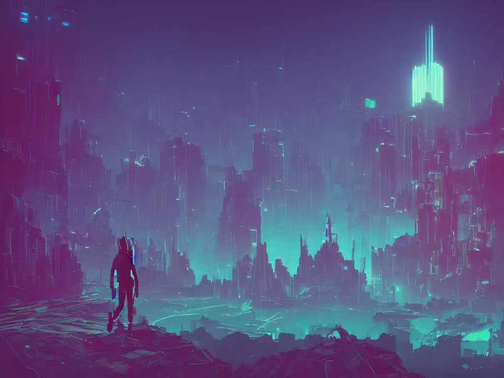 Prompt: synthwave landscape of a lone traveler walking towards a distant cyberpunk castle, complex, cyberspace, grid, holographic, virtual, night, wireframe, by Anton Fadeev, by Alena Aenami, by Paul Lehr, wide angle, highly detailed, cinematic, Blue and Green color scheme