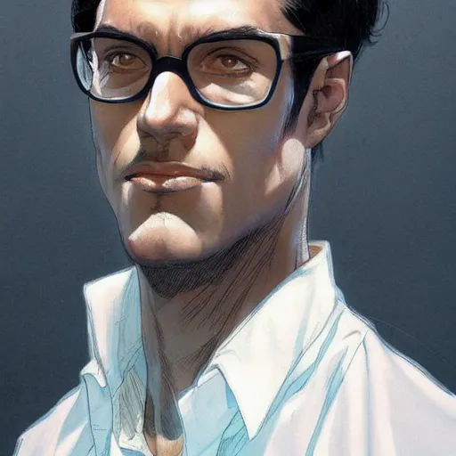 Prompt: a beautiful portrait artwork of a young male scientist with black hair and glasses and white shirt by Jerome Opeña, featured on artstation