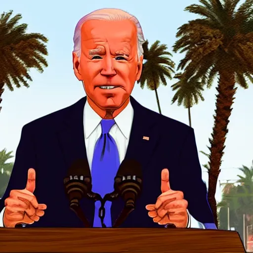 Image similar to Joe Biden in GTA V. Los Santos in the background, palm trees. In the art style of Stephen Bliss