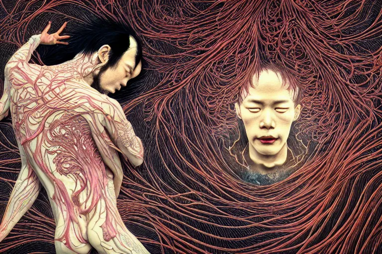 Image similar to realistic detailed image of a man falling to his impending demise, conjuring psychedelic background, part by takato yamamoto, part by alex gray, ross tran, james jean, ultra realistic, octane render, highly detailed, 8 k, trending on artstation, cosmic, symmetry, masterpiece