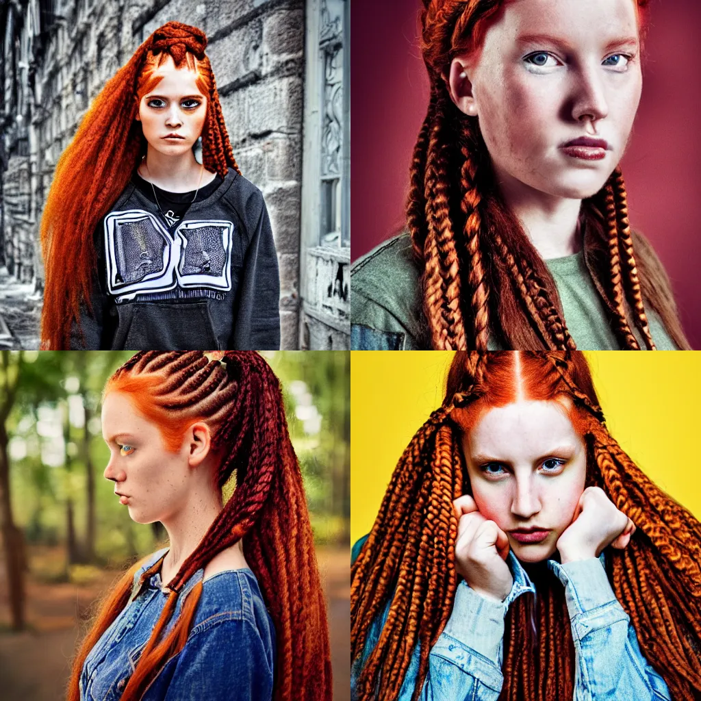 Prompt: beautiful portrait of redhead woman with braids wearing streetwear by chip Zdarsky, hdr, colorful