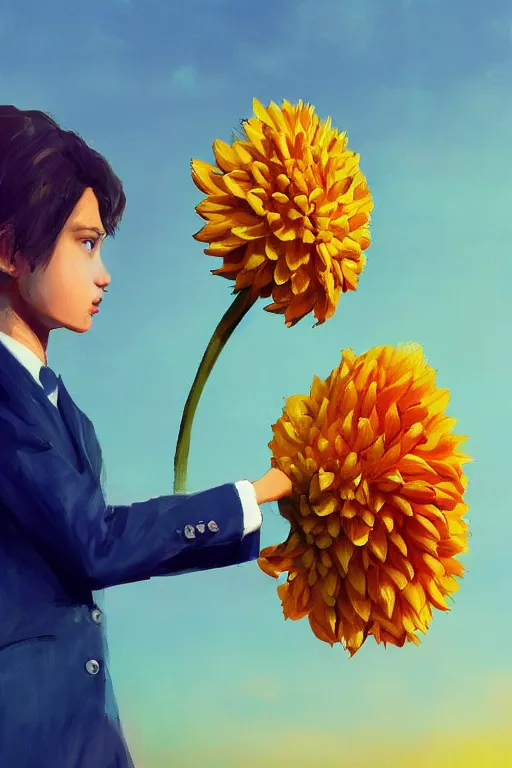 Image similar to closeup giant dahlia flower head, girl in a suit on a street, surreal photography, blue sky, sunrise, dramatic light, impressionist painting, digital painting, artstation, simon stalenhag