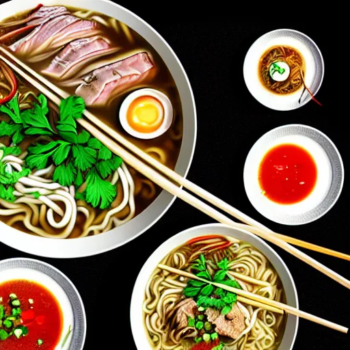 Prompt: flatlay realistic photo of delicious pho, ramen, aesthetic table cloth, highly detailed, cinematic light, masterpiece, 8 k hd, award winning, artstation,