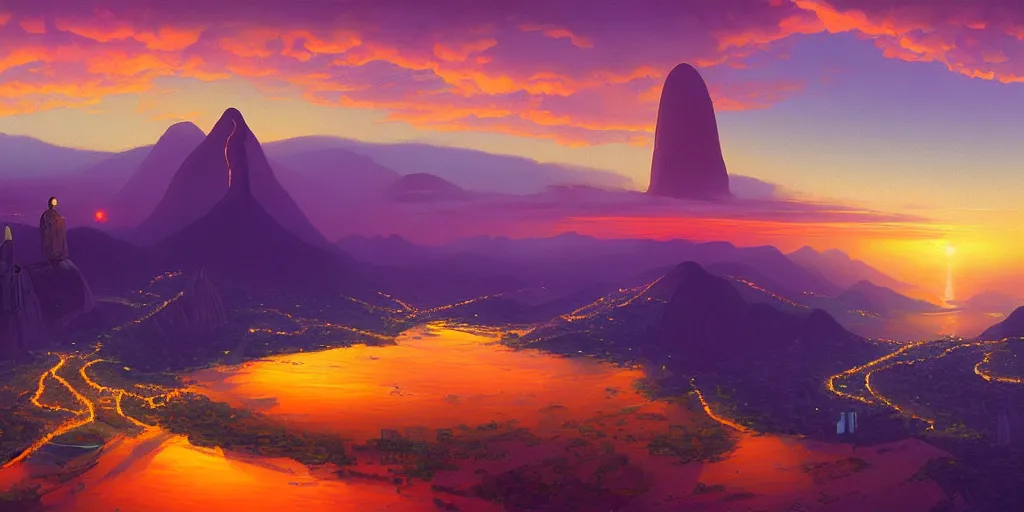 Prompt: pastels painting of sunset over RIo de Janiero, Christ the Redeemer, panoramic, digital painting, by RHADS and Moebius