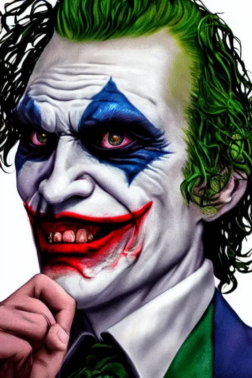 Image similar to a profile shot of the joker doing the kubrick stare looking directly at the camera, 8k, hyperrealism, cinematic lighting