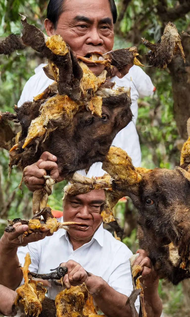 Image similar to portrait of prayut janocha eating buffalo for breakfast, hd, high detail, cleary see face, photo