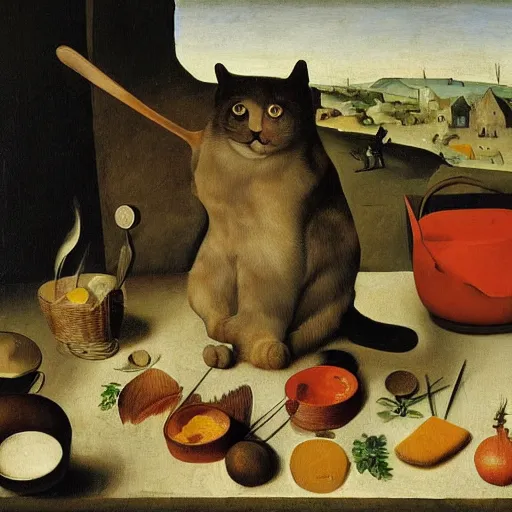 Prompt: the cat cooks soup, stirring a pot with a ladle and cutting vegetables, oil painting, drawn by Bruegel