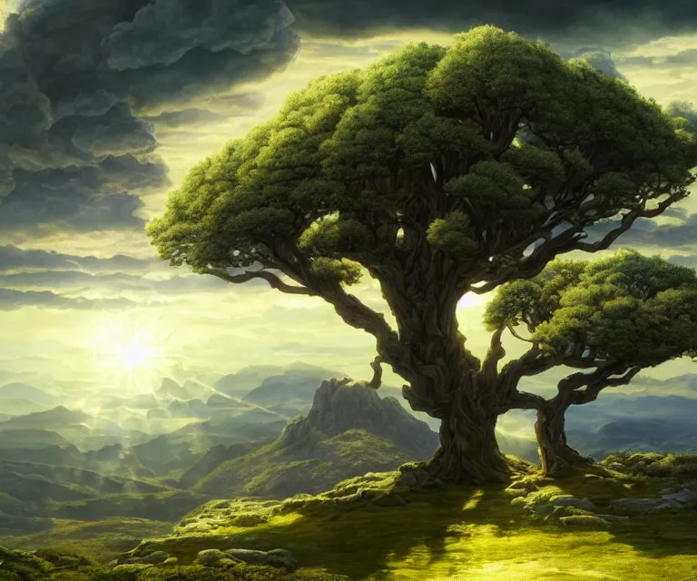 Prompt: the vast glowing ancient world tree, the tree of life in bloom on a mountaintop, dramatic clouds, super clear very sharp realistic fantasy landscape illustration in a muted color palette, by rockwell kent and ludvig deutsch and martin johnson heade and howard pyle and erin hanson, god rays, beautiful flowers, 8 k, cryengine octane, artstation