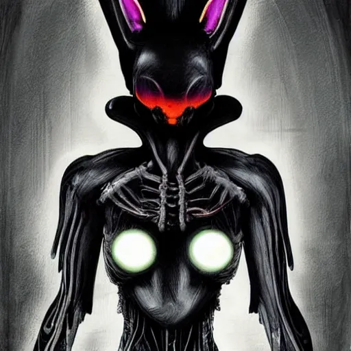 Prompt: humanoid black rabbit cyborg with outstretched head read the news, cartoon soft fluorescent fluffy eyes, translucent neon skin, mix styles of tsutomu nihei, video game art, battle scene, zdzisław beksinski and giger, in full growth, no blur