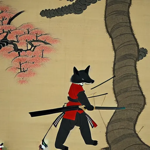 Image similar to samurai fox with a katana. sakura forest in the background. old japanese painting. fresco