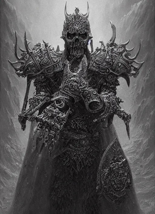 Image similar to a highly detailed character portrait of the Lich King, ornate gothic armor, intricate, digital painting, artstation, intricate, concept art, smooth, sharp focus, illustration, art by Zdzislaw Beksinski