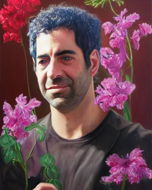 Prompt: a painting of jeffry epstein with flowers in his hair, a character portrait by drew struzan, behance contest winner, american scene painting, oil on canvas, matte drawing, studio portrait