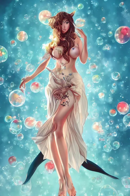 Image similar to Succubus in sundress portrait, by artgerm, WLOP and Ross Tran, blossoming geometric bubble explosion from below