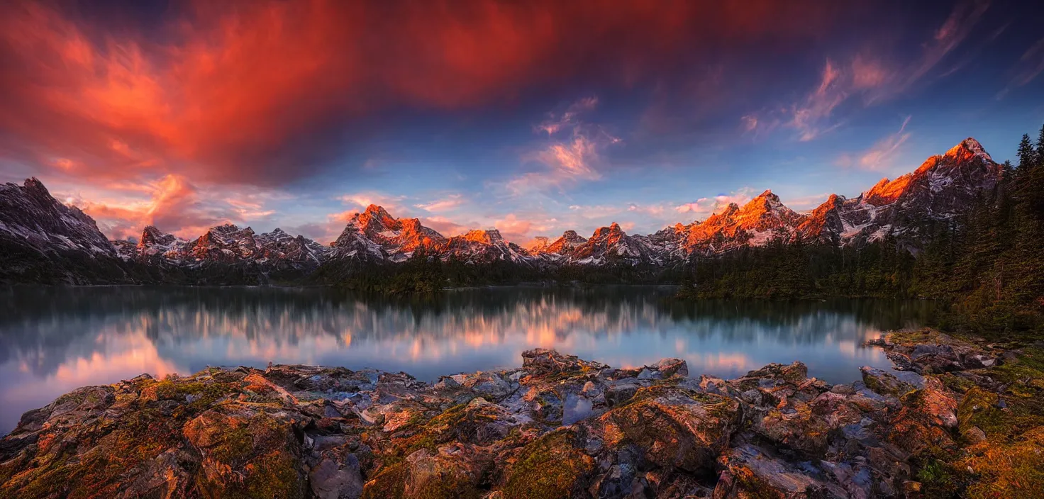 Image similar to amazing landscape photo of mountains with lake in sunset by marc adamus, beautiful dramatic lighting