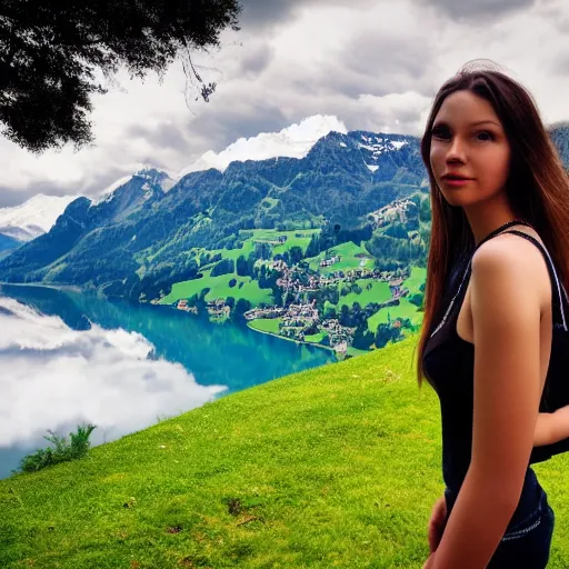 Image similar to a beautiful photograph of a girl with switzerland landscape in the background with trees, hdr, 8 k, high quality, sharp focus, artstation, highly detailed, award - winning, dramatic lighting, beautiful clouds, and nature