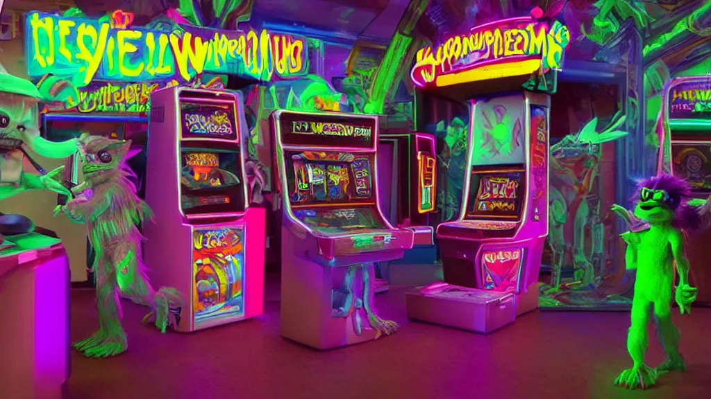 Image similar to Hyperreal Gremlins disguised as neon 90s casino arcade machines dispense experimental ultraviolet ice cream vaccine derived from holographic infrared predator, xenomorph and furby goosebumps goo in downtown silicon valley, film still from banned media Gremlins 3 New World Order, directed by REDACTED circa 1992 | text reads \'Gremlins 3 New World Order\' | Gremlins