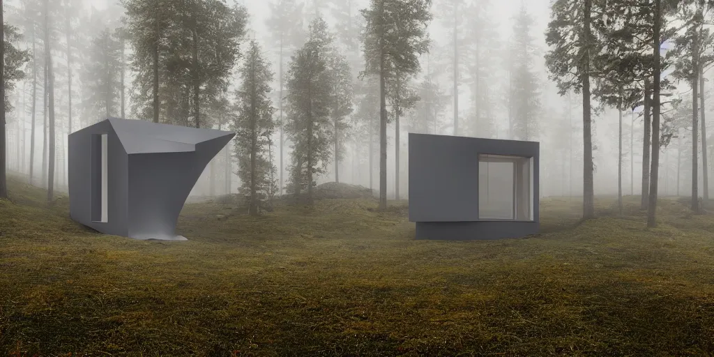 Image similar to the tiny cabin made of panels of ZINK cladding in Norvegia coast side, foggy day, hyper realistic, Future design, architecture design, foggy, organic form, foggy, environment, Cinematography, mega scans, sloped site, cinematic, hyper realistic, photo real, cinematic composition, highly detailed, vray, 8k render - H 1024