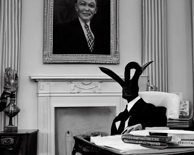 Image similar to a b-move alien lizard man wearing a suit, in the oval office, 1951, early black and white photo, cdx