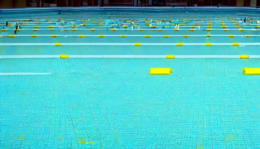 Image similar to 1 9 6 0 s movie still of an empty municipal swimmingpool with yellow tiles with light blue tiles, high quality, high detail, liminal space style