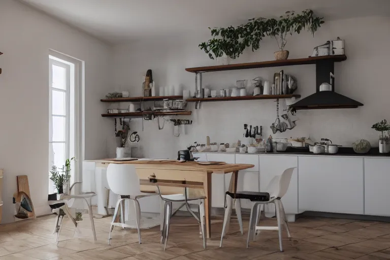 Prompt: Photography of modern Provence style kitchen with cat on the table, photorealism