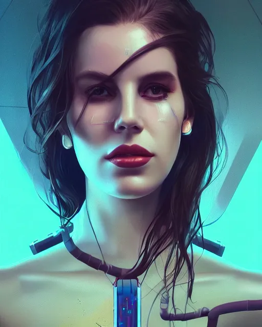 Image similar to portrait of lana del rey as a cyborg. intricate abstract. intricate artwork, by tooth wu, wlop, beeple, dan mumford. concept art, octane render, trending on artstation, greg rutkowski very coherent symmetrical artwork. cinematic, key art, hyper realism, high detail, octane render, 8 k, iridescent accents