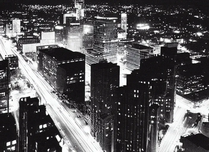 Image similar to looking up at a sprawling building complex seen from a dark parking lot in los angeles at night. 1 9 9 0 photo by james cameron