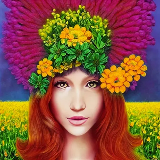 Image similar to surreal flowerheaded girl, flowerfield