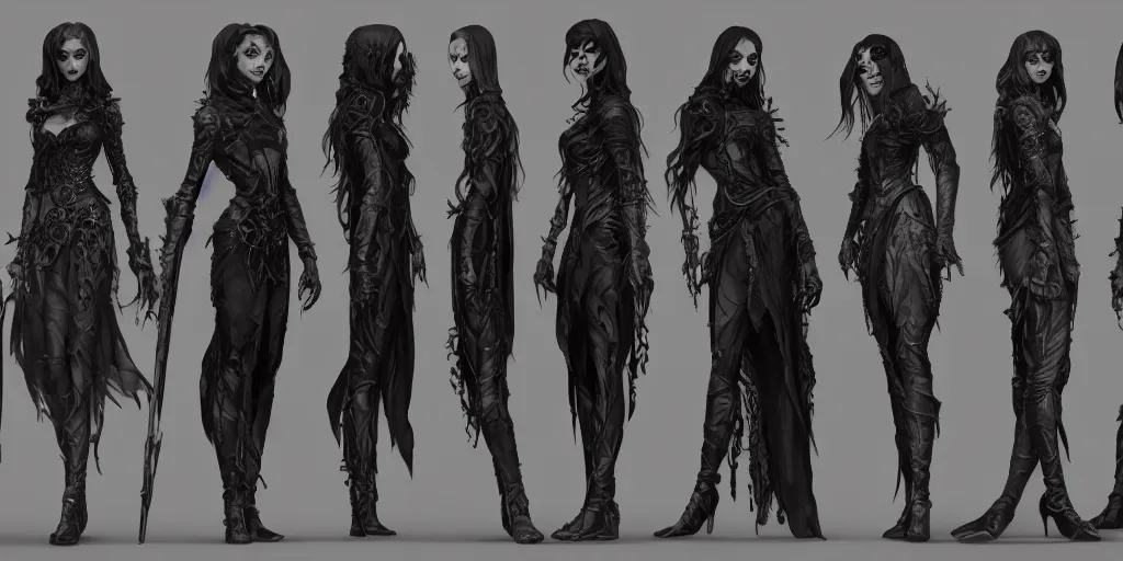 Prompt: gothic character front detail designs, Milo Manara, Greg Rutkowski, character sheet, Darek Zabrocki, Karlkka, Jayison Devadas, Phuoc Quan, trending on Artstation, 8K, ultra wide angle, pincushion lens effect