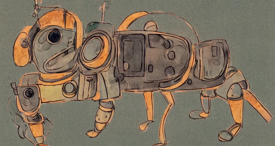 Image similar to a detailed illustration of a cute retro robot dog, alcohol inks on parchment, muted colors, detailed, textured parchment background, bosch, 1 9 5 0 s concept art