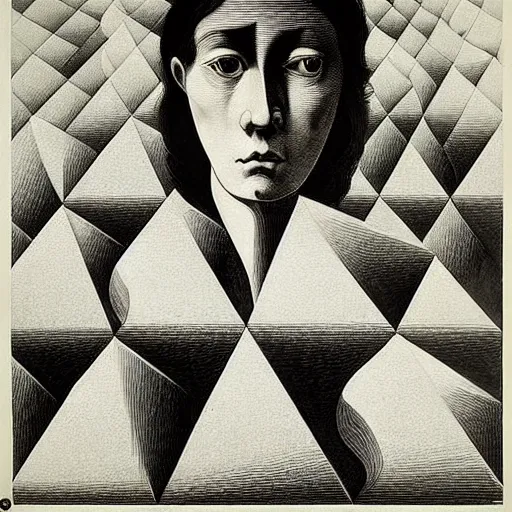 Image similar to lithography on paper conceptual figurative post - morden monumental portrait by goya and escher, illusion surreal art, highly conceptual figurative art, intricate detailed illustration, controversial poster art, polish poster art, geometrical drawings, no blur