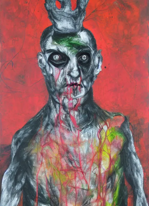 Prompt: brutal black clothes, 2 0 white eyes, grotesque, doomed, acrylic paint, high resolution gouache on canvas, ugly vibrant colors, grotesque, wrapped thermal background, art francis bacon