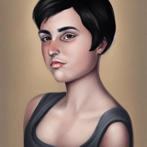 Image similar to a digital portrait of a 27 year old with black hair,hazel green eyes, drawn in the style of mark Arian