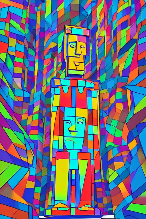 Image similar to cubist moai statue cutout digital illustration cartoon colorful beeple