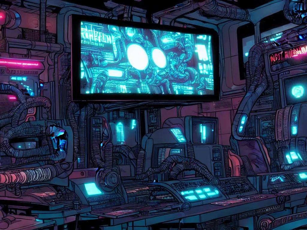 Prompt: a comic book page of a giantic retrofuturistic monitor made by elephant heads, a digital music sheet displayed in the screen, futuristic, cyberpunk, xenomorphic, biomechanical, posthuman, liminal, realistic, ultra detailed, 8 k, cycles render engine, chromatic aberration, dof