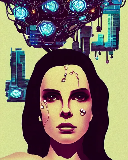 Image similar to portrait of lana del rey as a cyberpunk cyborg. sci - fi intricate abstract. intricate artwork, tear drops, roses, by tooth wu, wlop, beeple, dan mumford. concept art, octane render, trending on artstation, greg rutkowski, asymmetrical, cinematic arthouse, key art, hyper realism, iridescent accents