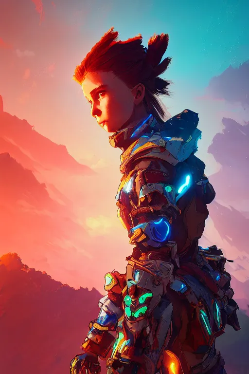 Image similar to combination suit armor aloy horizon forbidden west horizon zero dawn radiating a glowing aura global illumination ray tracing hdr fanart arstation by ian pesty and alena aenami artworks in 4 k tribal robot ninja mask helmet backpack