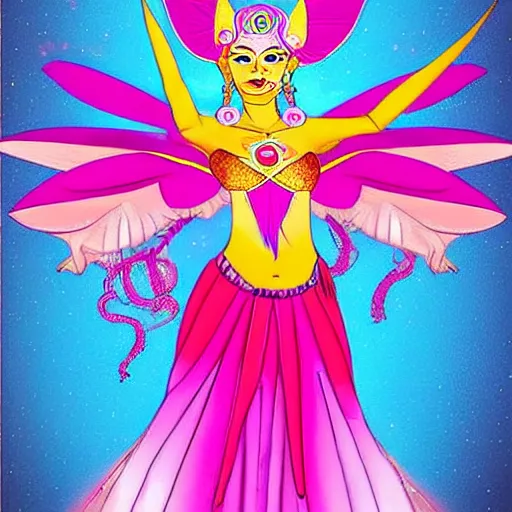 Image similar to ! dream dakini as a modern fairy wearing a pink outfit, flying in the style of superman alongside penguins.