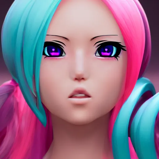 Image similar to stunningly beautiful omnipotent megalomaniacal anime goddess with porcelain skin, pink twintail hair and mesmerizing cyan eyes, symmetrical perfect face smiling in a mischievous, devious and haughty way while looking down upon the viewer, mid view, hyperdetailed, 2 d, unreal engine 5, 8 k