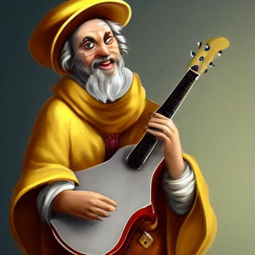 Prompt: an anthropomorphic cockatiel bard wearing a yellow robe and playing a mandolin, digital art, trending on artstation