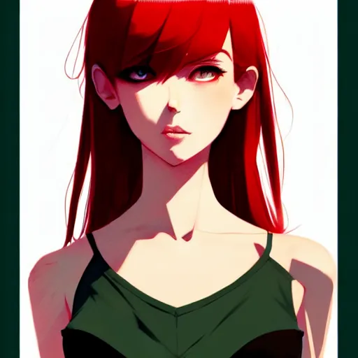 Image similar to elegent girl with red hair and green eyes, wearing a camisole, red and black color palette, in the style of and ilya kuvshinov and greg rutkowski, high quality anime artstyle, intricate